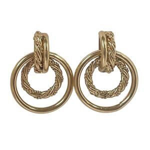 80s Napier Rope & Polished Gold Plate Door Knocker Hoop Adjustable Clip Earrings